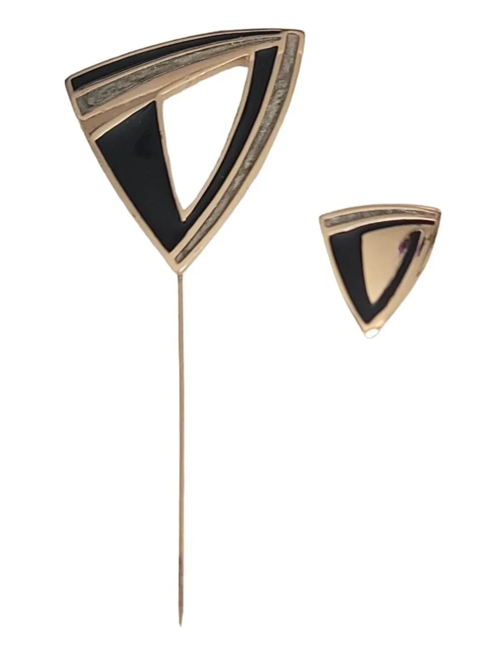 Trifari Black Gray Pearl Enamel Modernist Triangle Stick Lapel Pin, Signed K812